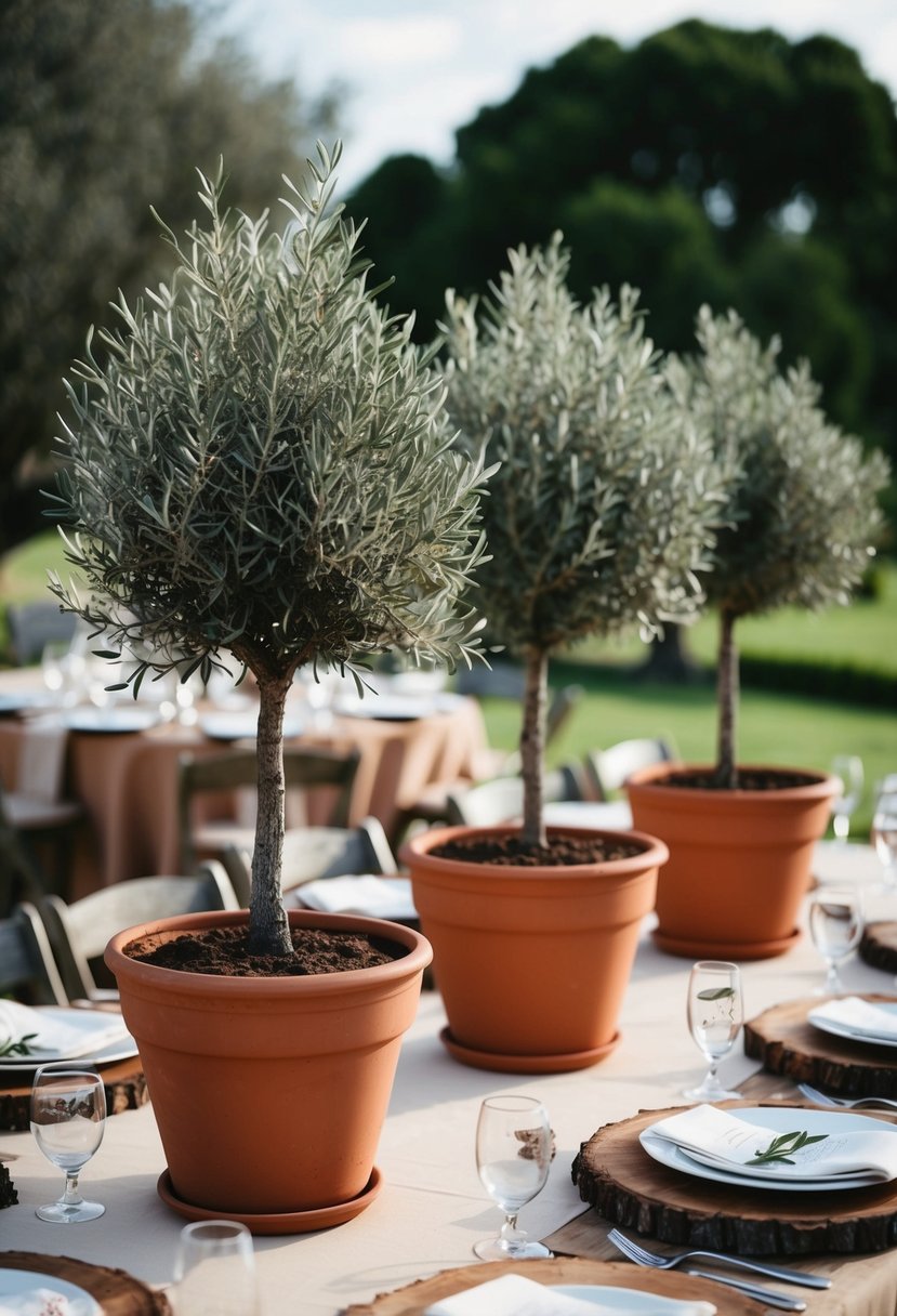 Potted olive trees adorn rustic Italian wedding tables