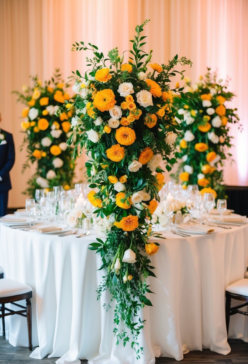 Bright, cascading floral arrangements adorn the main wedding table, creating a stunning focal point