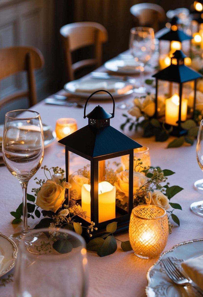 Mini LED candle lanterns illuminate a vintage wedding table, casting a warm glow over delicate floral centerpieces and elegant place settings