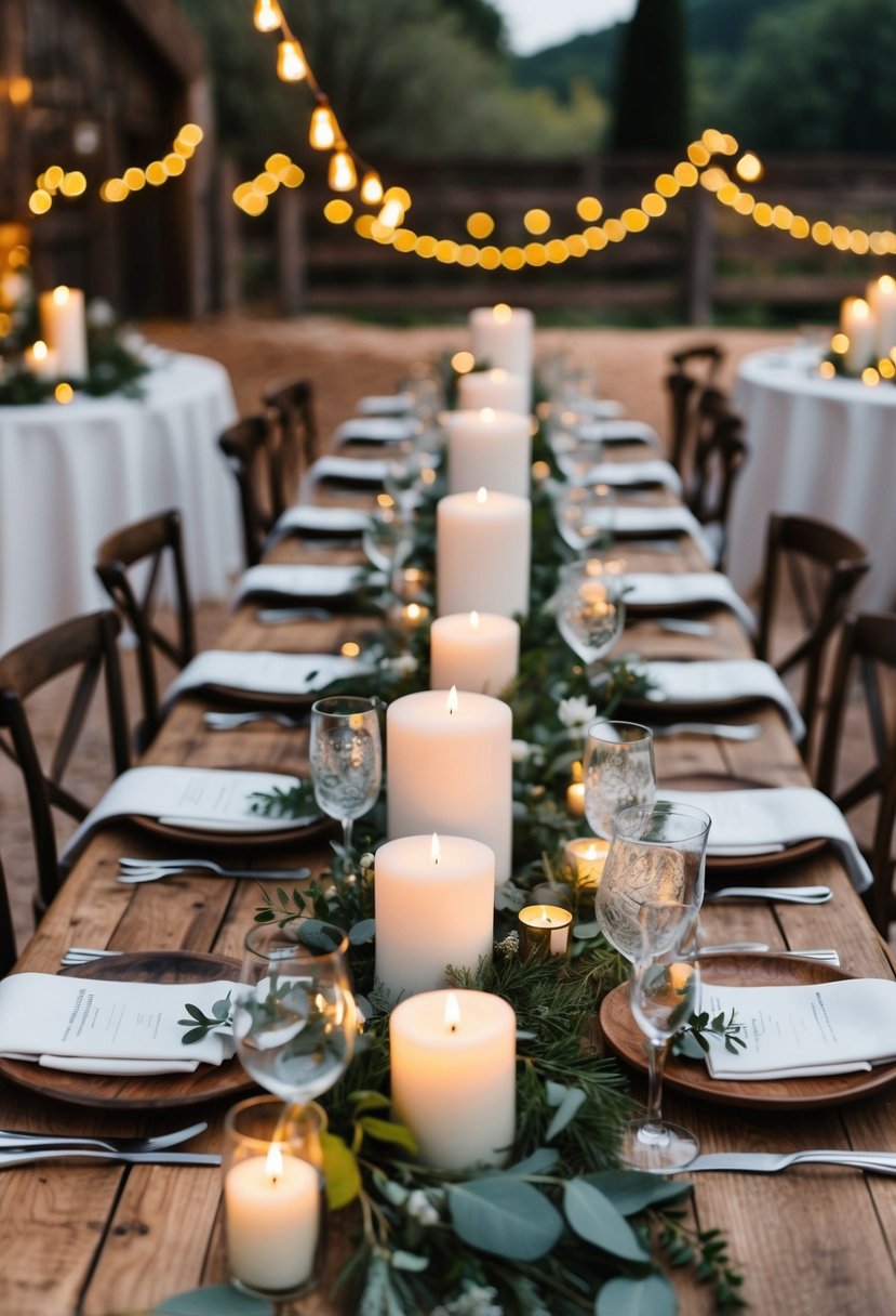 Rustic wooden tables adorned with candles, greenery, and delicate florals create a cozy Italian wedding atmosphere