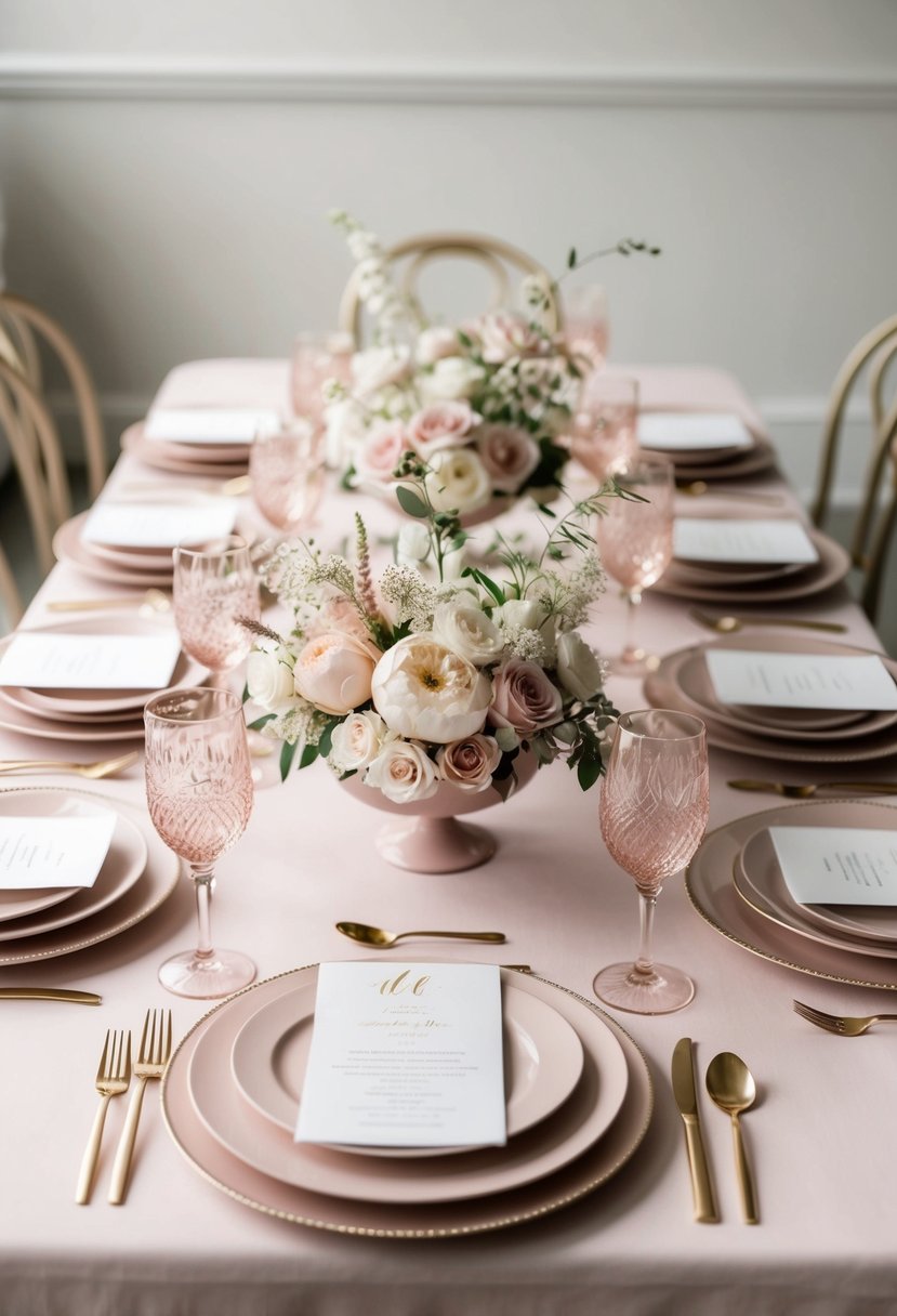 A soft pink and neutral palette wedding table with delicate floral centerpieces and elegant place settings