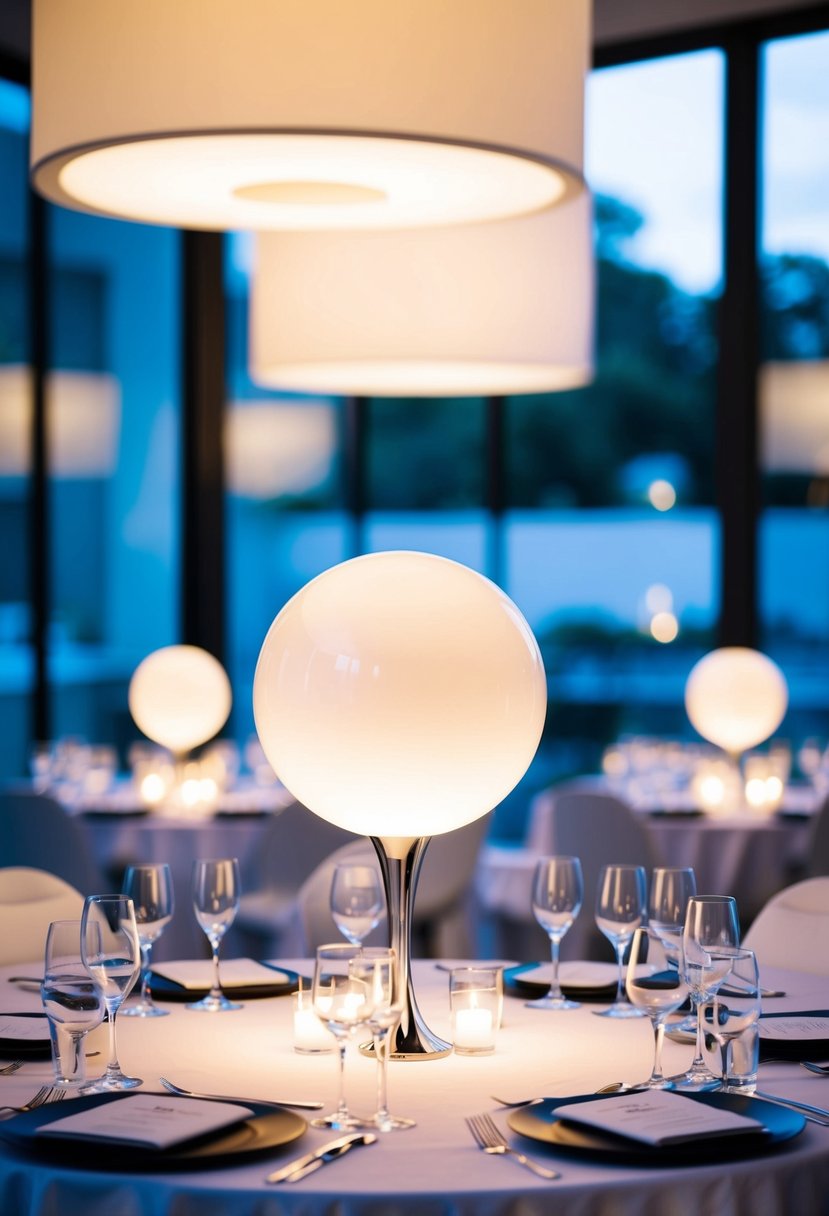 A sleek LED ball centerpiece illuminates a modern wedding table, casting a soft glow over the contemporary decor