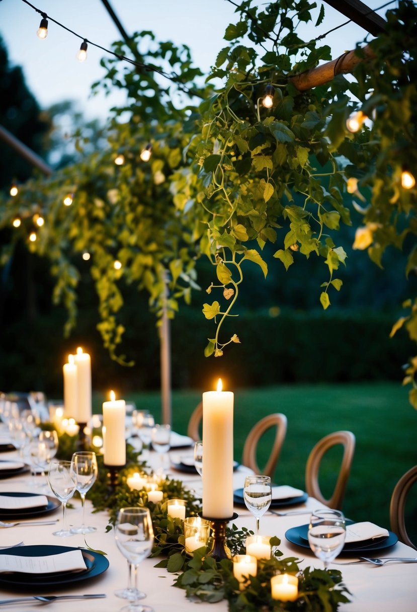 Lush vines intertwine with flickering candlelight on an elegant Italian wedding table