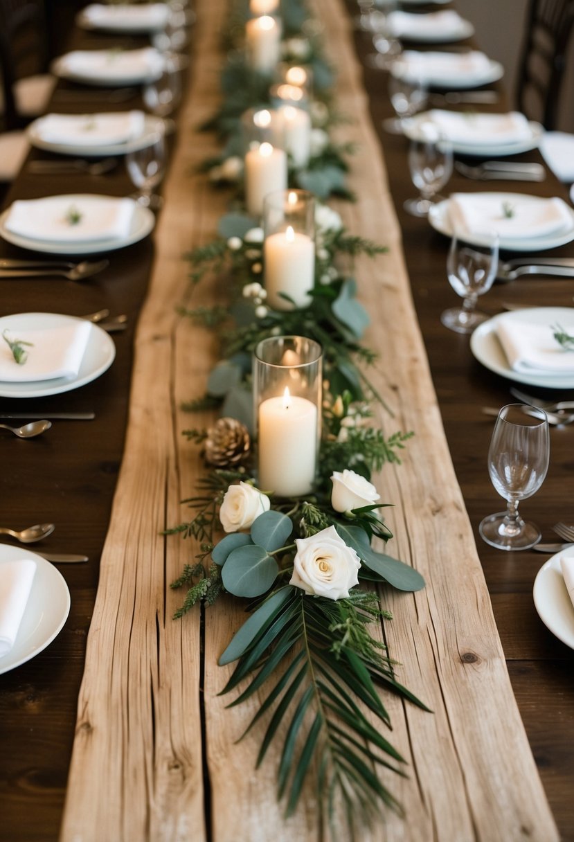 A rustic wooden table runner adorns the center of a wedding reception table, adding a touch of natural elegance to the decor