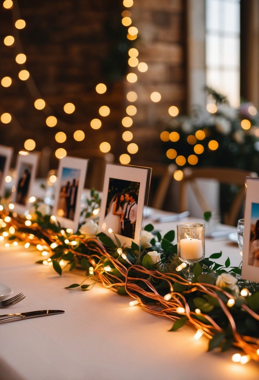 A wedding table adorned with copper wire fairy lights intertwined with photos, casting a warm and romantic glow