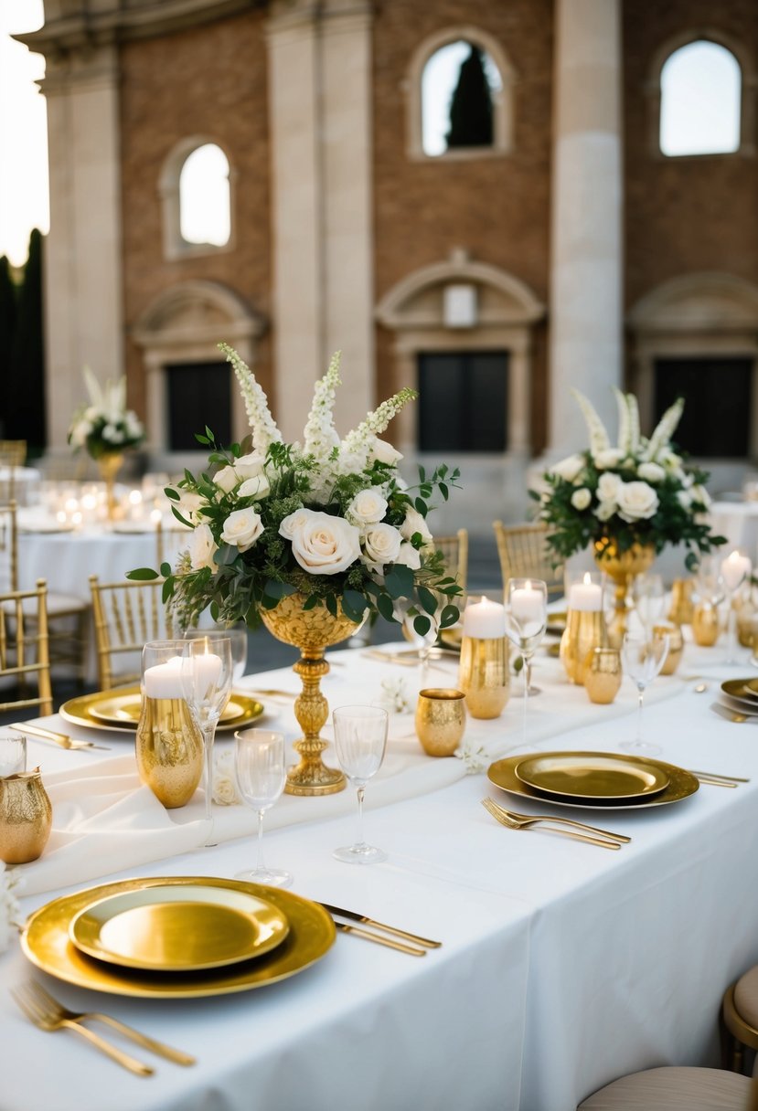 A table adorned with white and gold tablecloth, elegant centerpieces, and gilded tableware for an Italian wedding