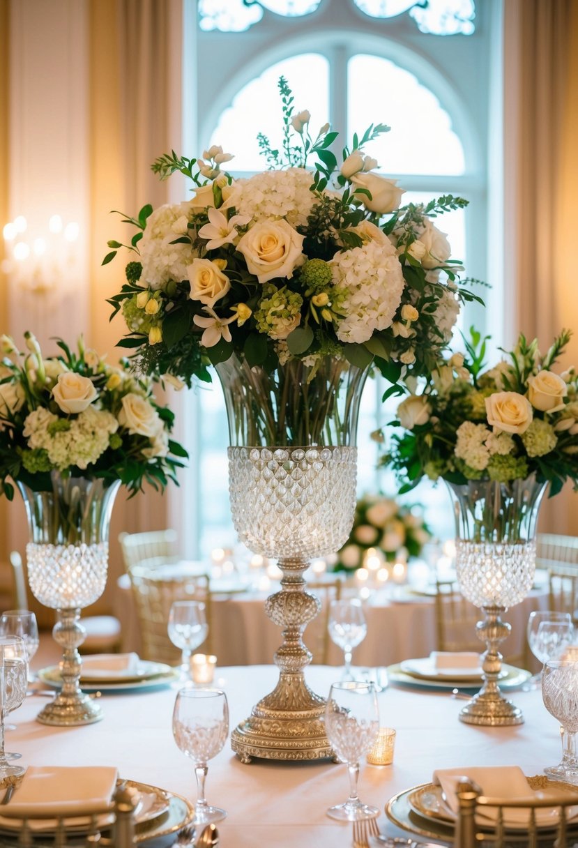 A grand, ornate table adorned with sparkling crystal vases filled with lush, fresh flowers, creating an elegant and luxurious wedding centerpiece