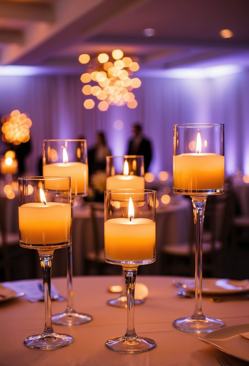 Several floating LED candles illuminate a wedding table, casting a warm glow on the surrounding decor