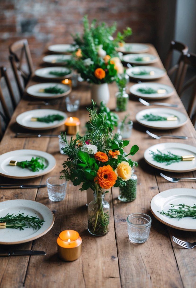 Ceramic plates arranged with fresh herbs and floral centerpieces on a rustic wooden table