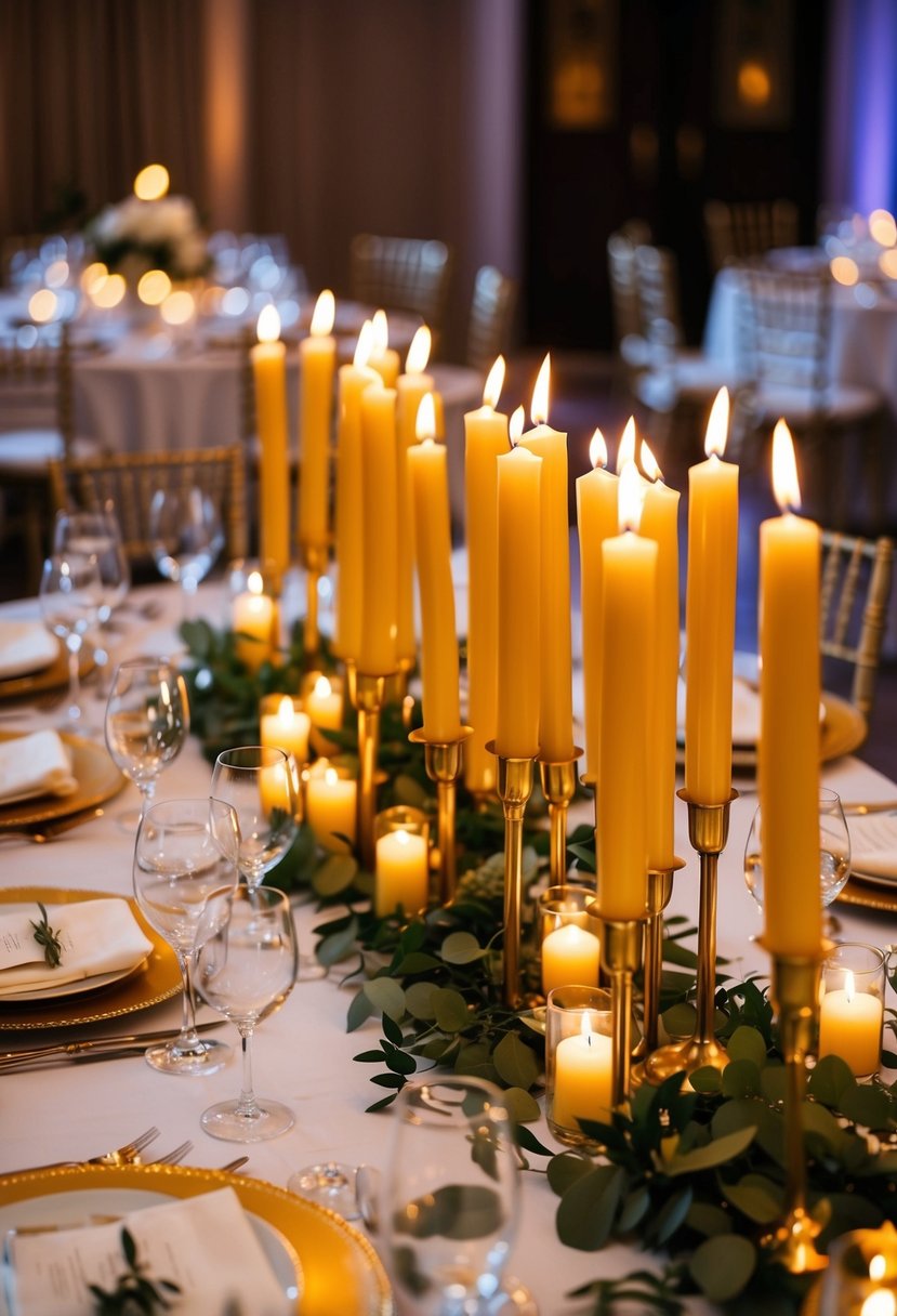 Golden taper candles arranged in clusters on a wedding reception table, casting a warm glow over the elegant decor