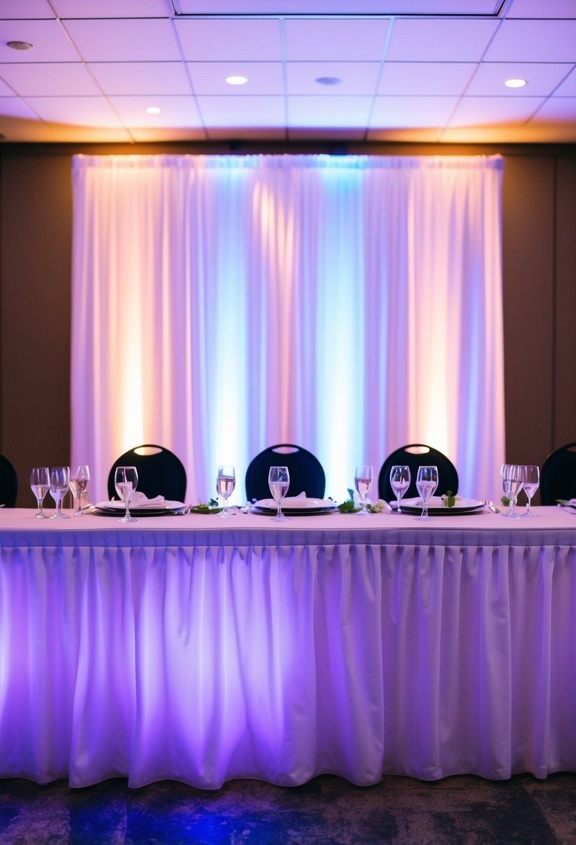 A head table at a wedding reception with a LED curtain backdrop illuminating the area with soft, colorful lights