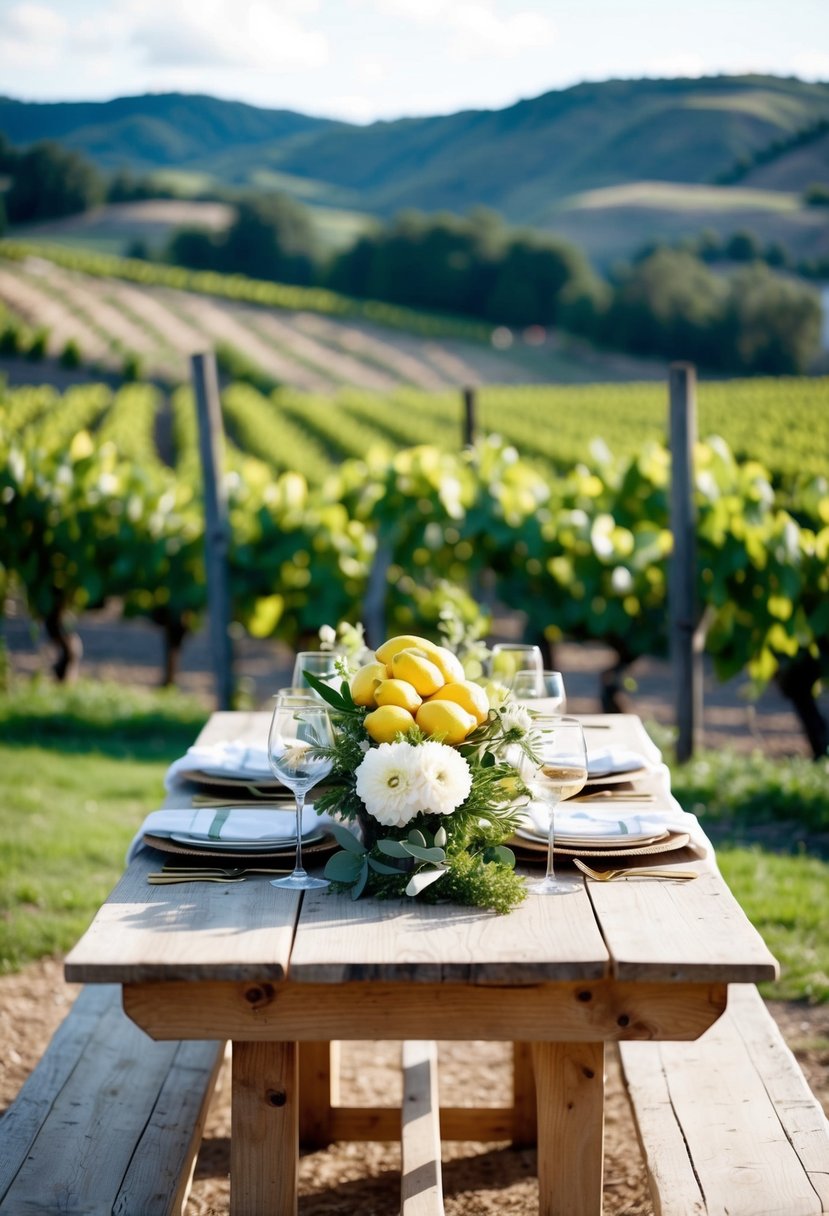 A rustic wooden table adorned with lemons, greenery, and white flowers, set against a backdrop of rolling hills and vineyards