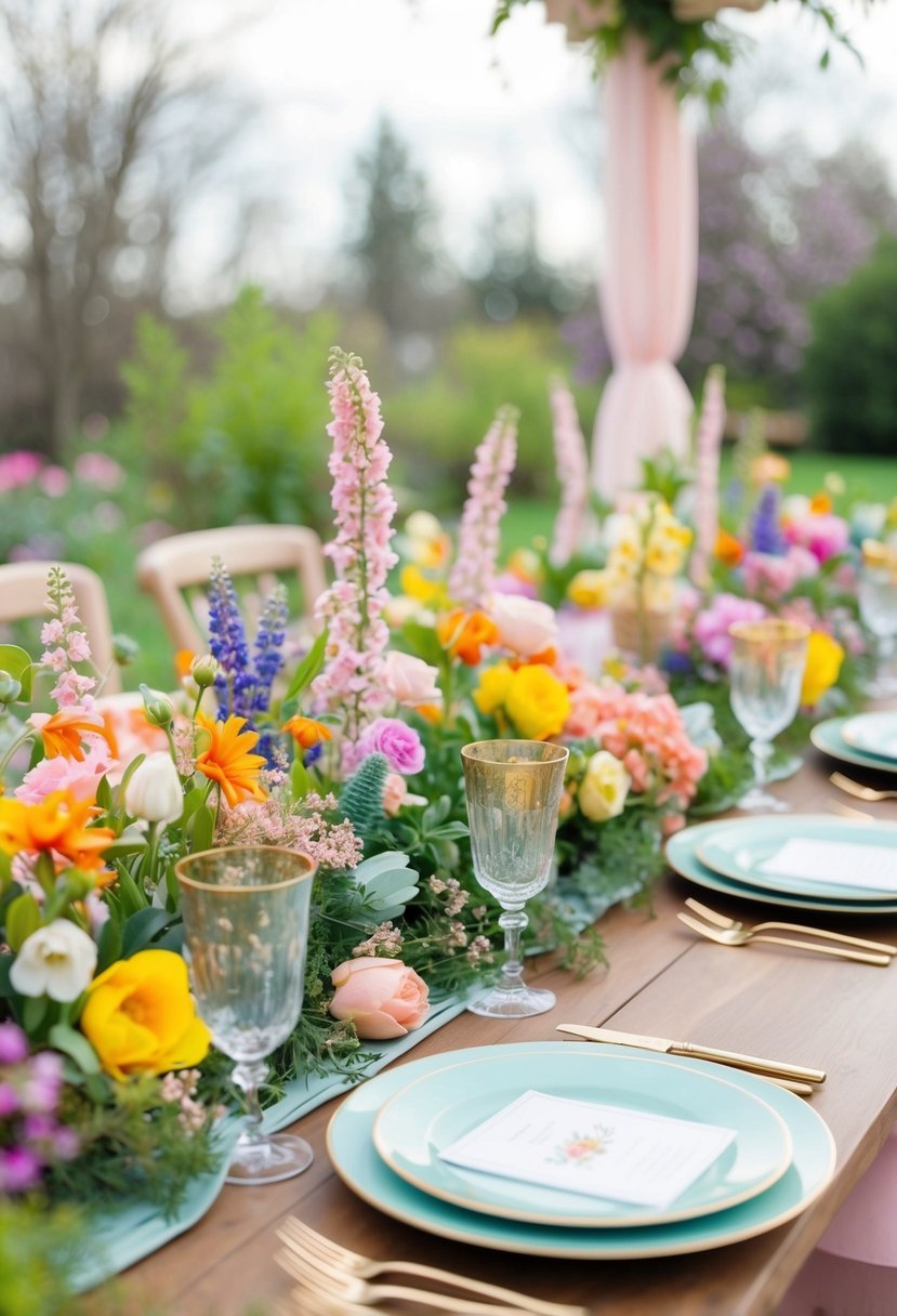 A table adorned with colorful flowers, delicate greenery, and pastel accents evoking a lively and vibrant spring garden atmosphere