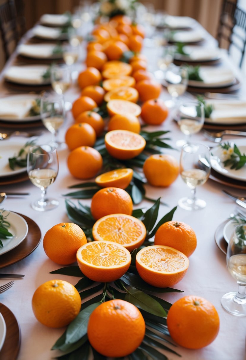 Fresh-cut oranges arranged in table settings with Italian-themed decorations for a wedding