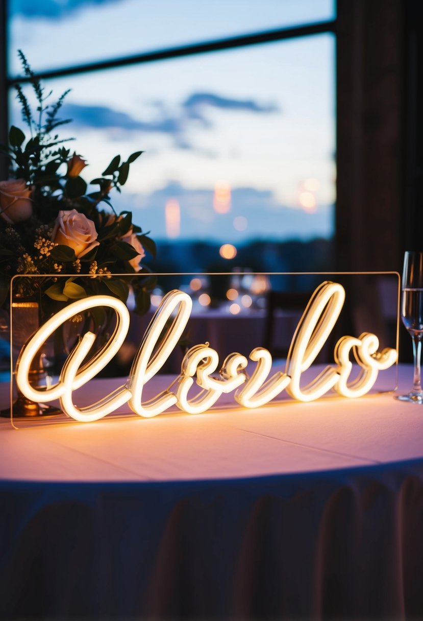 A neon sign with the couple's name illuminating a wedding table