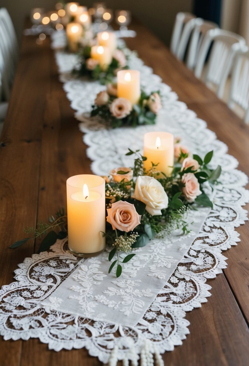 A white lace table runner drapes elegantly over a wooden wedding banquet table, adorned with delicate floral arrangements and flickering candles