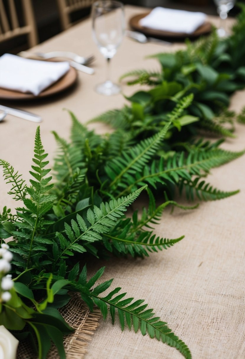 Faux fern sprigs scattered on a rustic Italian wedding table, adding texture and natural charm to the decor