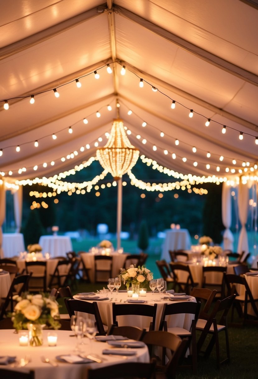 Warm glow of bistro string lights hang from tent ceilings, casting a romantic ambiance over wedding tables