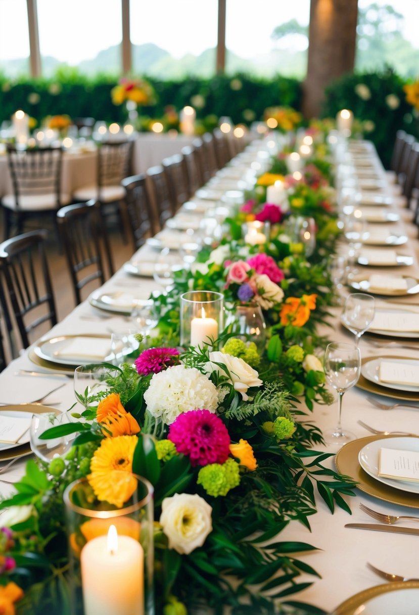 A lush, vibrant floral table garland adorns the main wedding table, adding a touch of natural beauty and elegance to the celebration