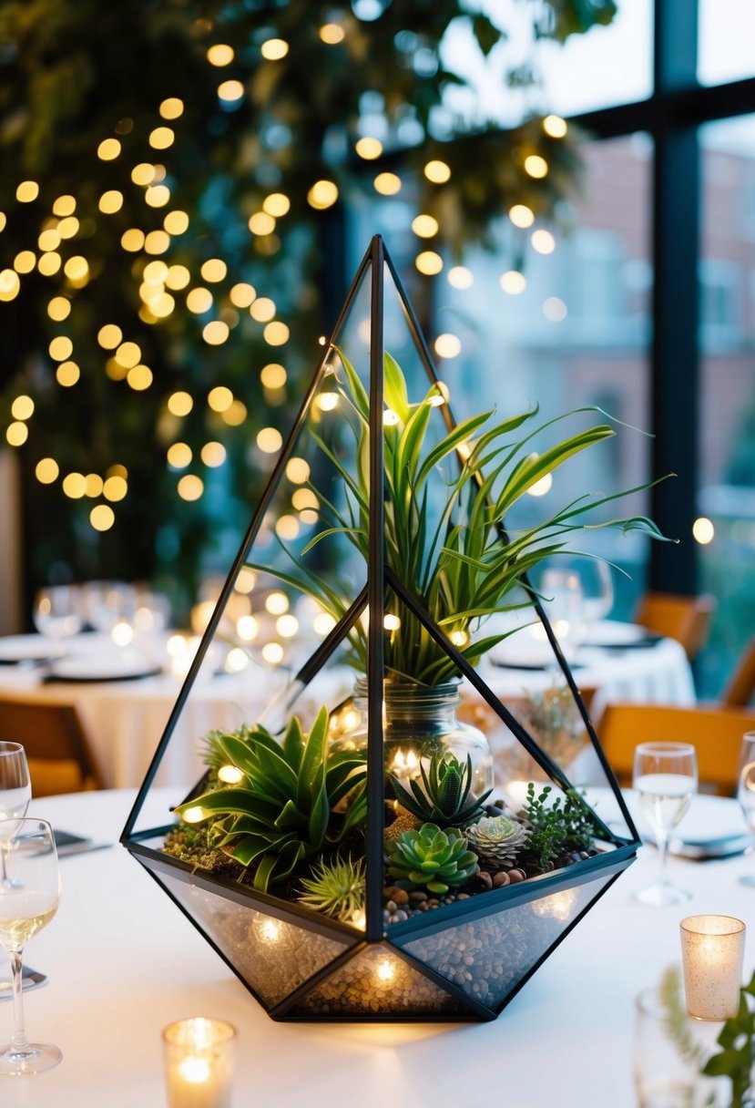 A geometric terrarium filled with plants and adorned with LED lights, creating a modern and elegant centerpiece for a wedding table decoration