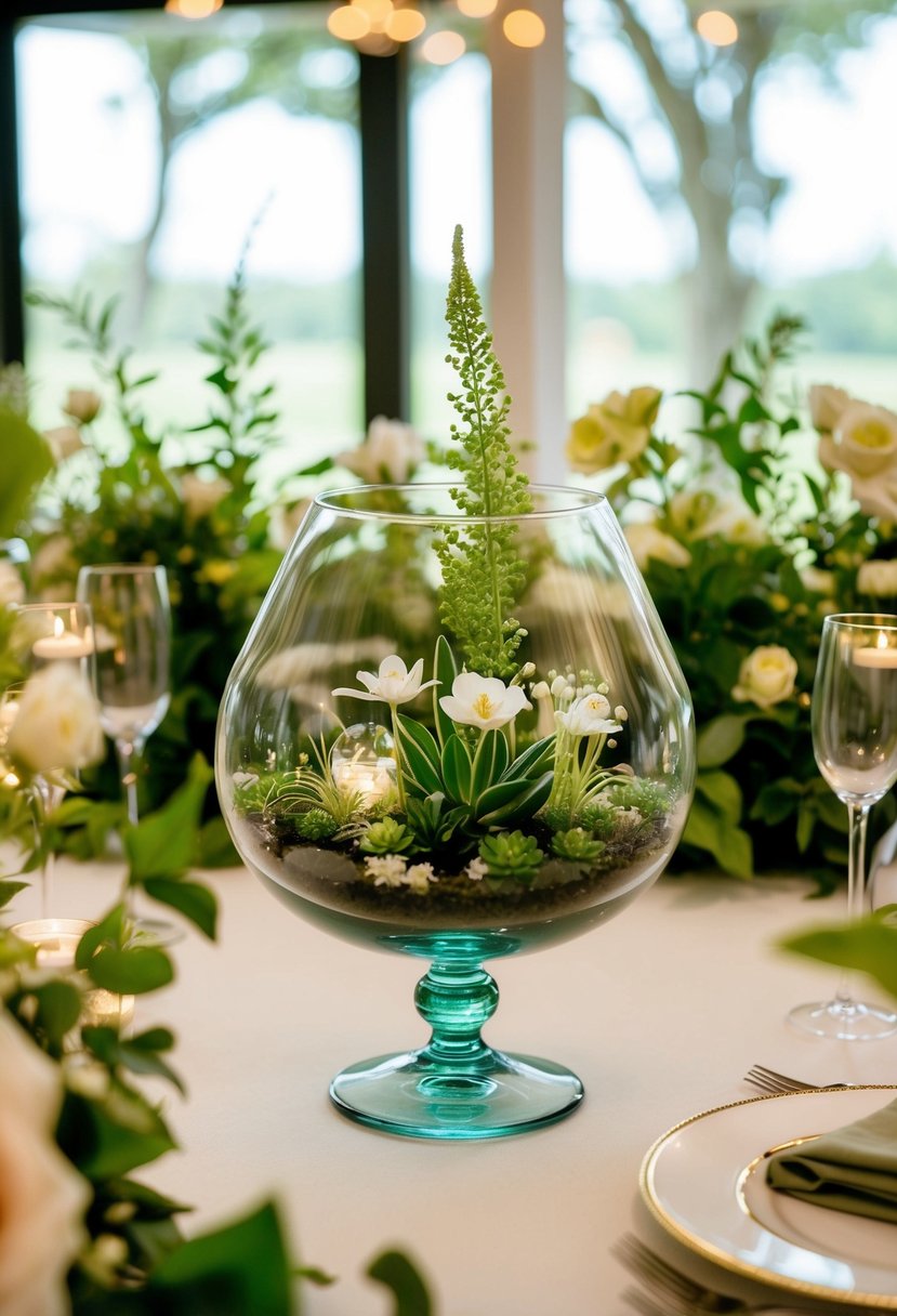 A glass terrarium centerpiece sits amidst lush greenery and delicate flowers on a beautifully decorated wedding table