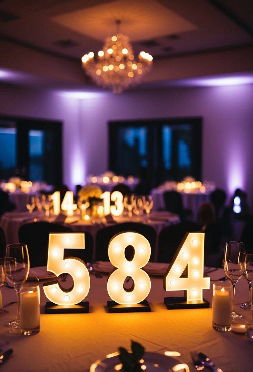 A dimly lit wedding reception with glowing table numbers illuminating the room