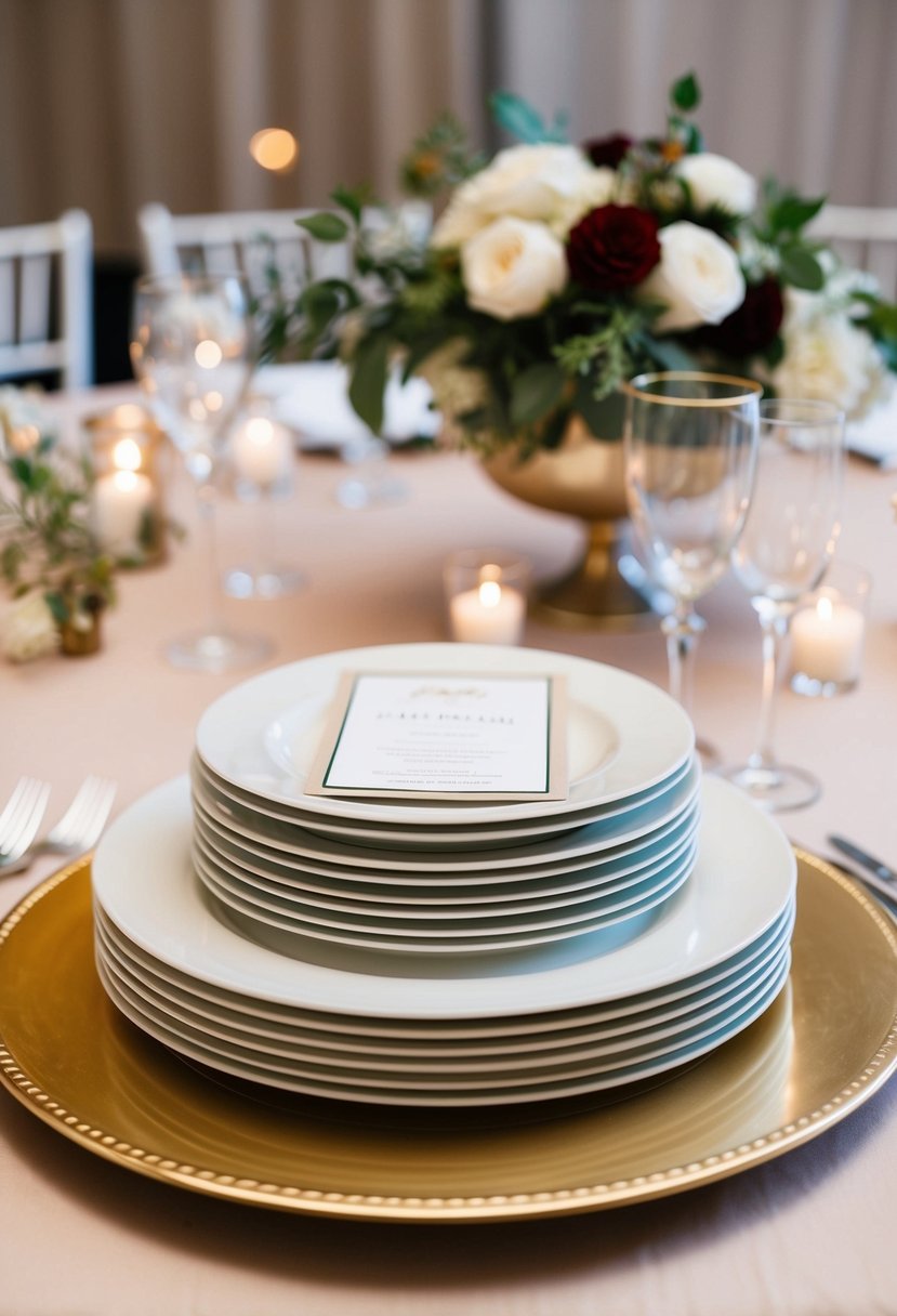 A table set with charger plates, stacked to create a layered look for an Italian wedding reception