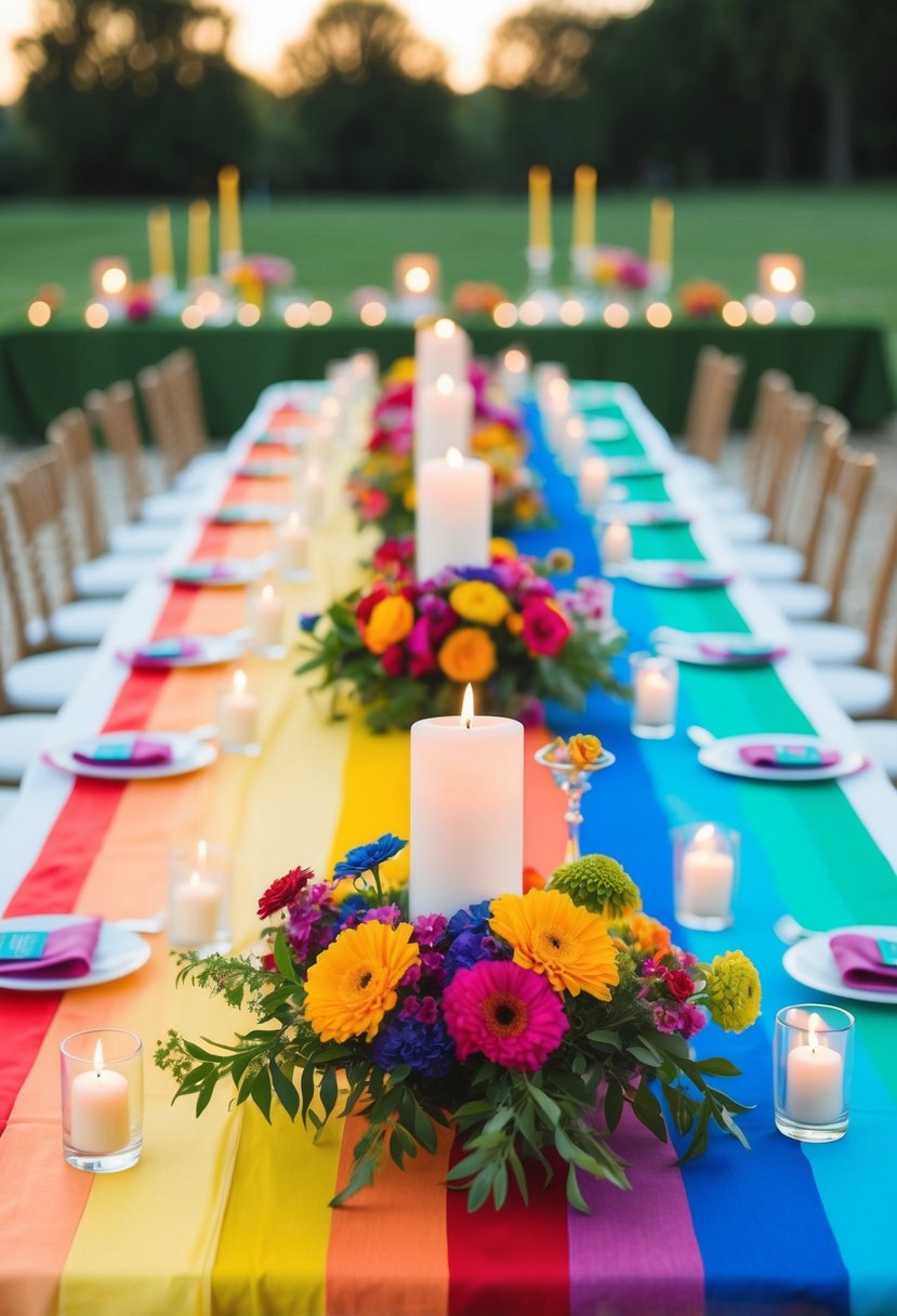 A main table is set with a rainbow ombre tablecloth, adorned with colorful flowers and candles, creating a vibrant and elegant wedding decoration