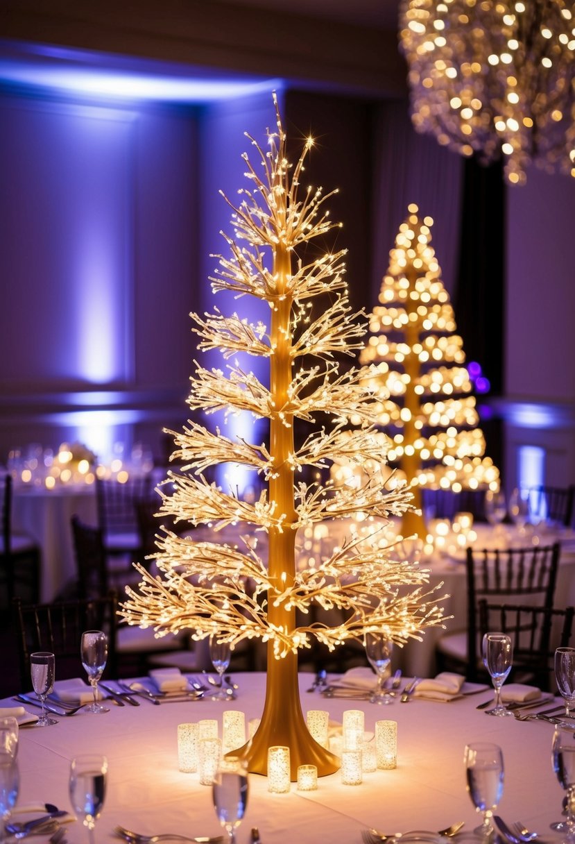 A group of elegant LED tree centerpieces illuminating a wedding reception table with a sparkling and enchanting glow