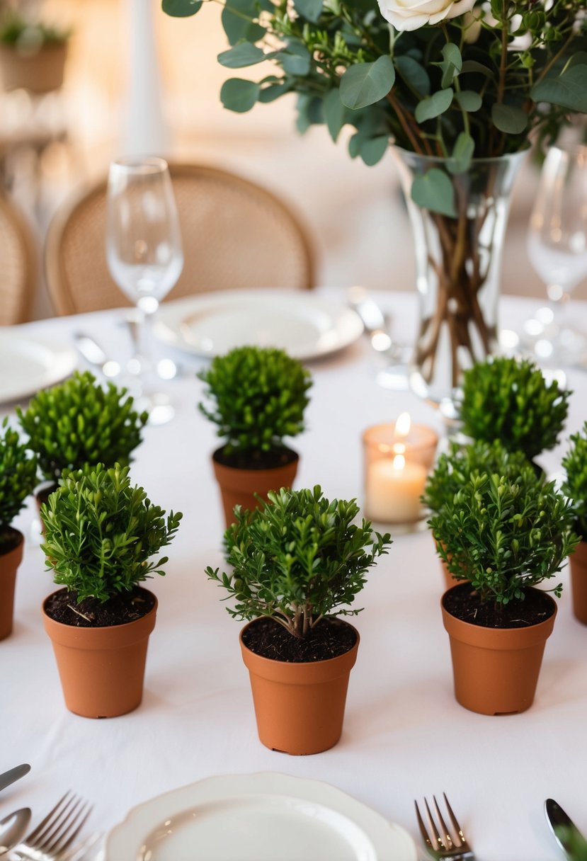 A table adorned with small potted boxwoods, elegant and simple, perfect for an Italian wedding celebration