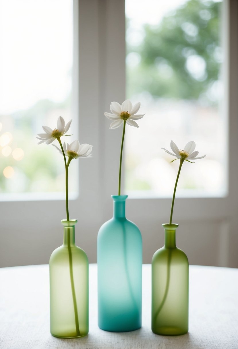 Three simple bud vases in varying heights sit on a white tablecloth, each holding a single delicate flower