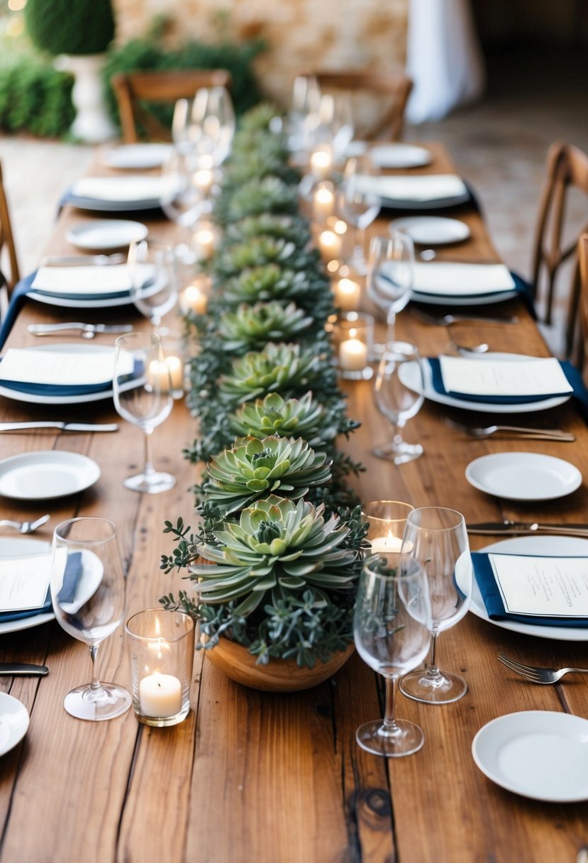 A wooden table adorned with rustic Italian wedding decor, featuring sedum flowers in a charming centerpiece