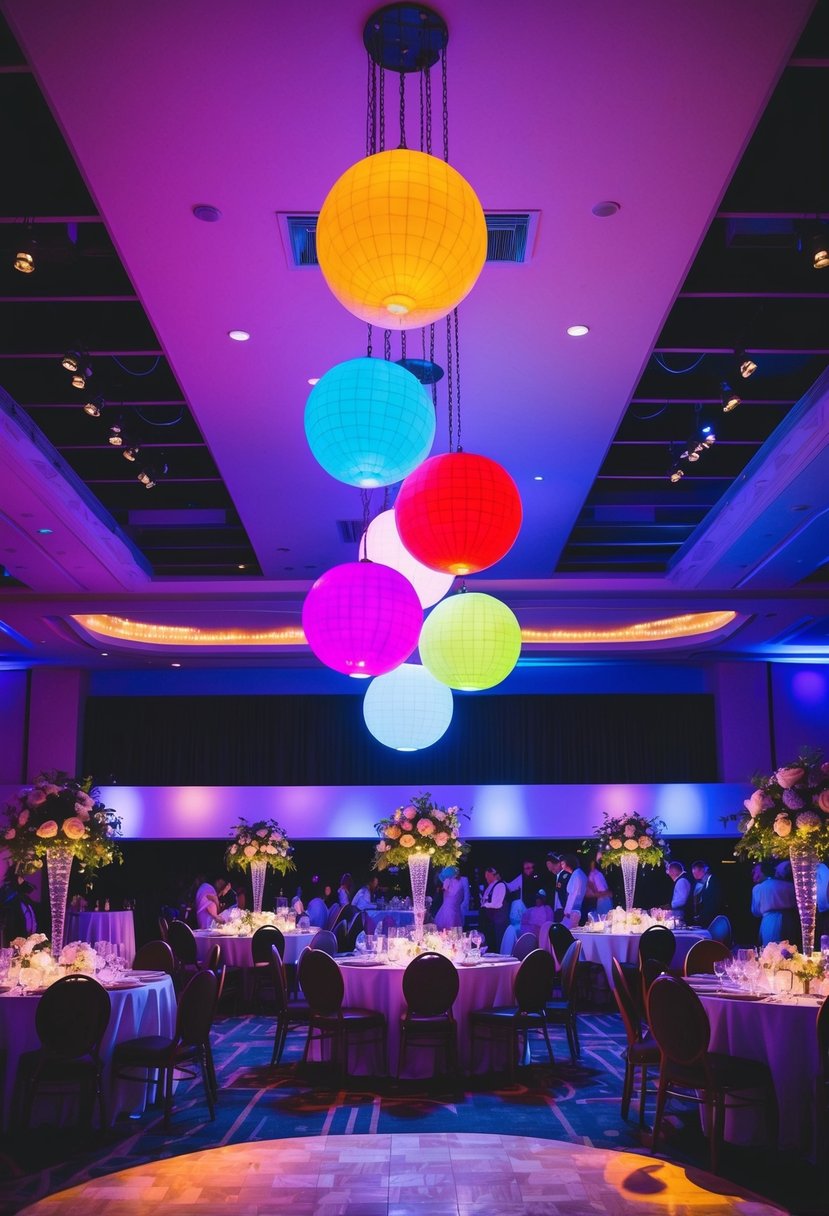 Multicolored LED orbs hang above a bustling dance floor, casting a vibrant glow on the surrounding tables and wedding decorations