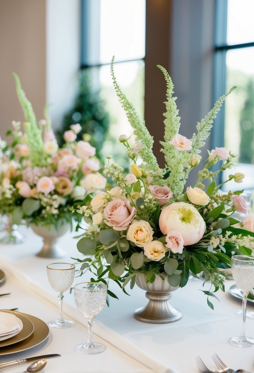 A table adorned with a lush arrangement of fresh flowers in soft pastel hues, interspersed with delicate greenery and placed in elegant vases