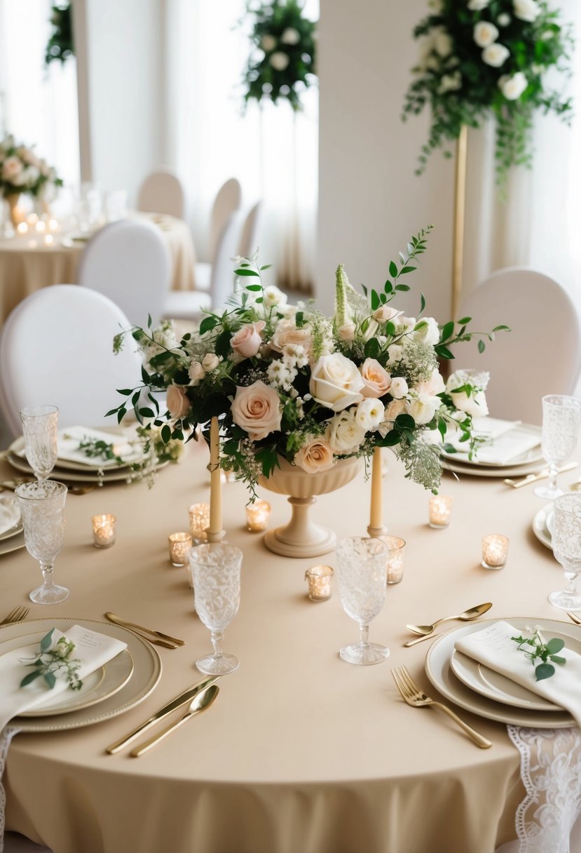 A beige table adorned with floral centerpieces, elegant candles, and lace accents for a wedding celebration