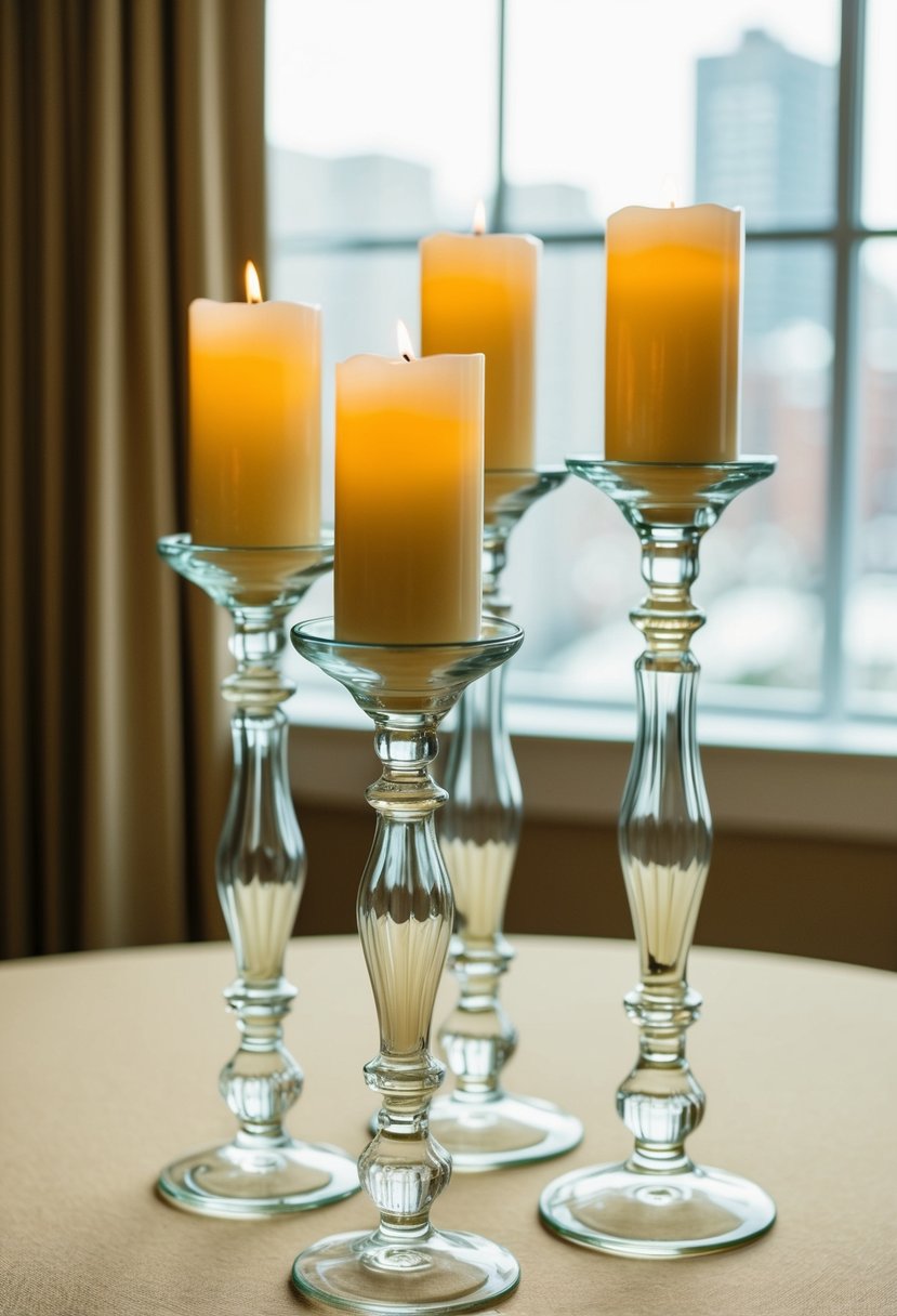 Clear glass vases hold cream candles on beige table