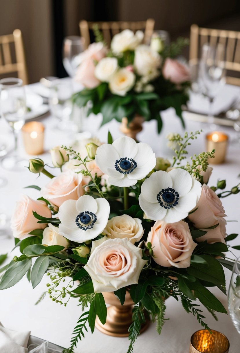 Anemone and rose bouquet centerpiece on a wedding table with elegant floral arrangements and decorative accents