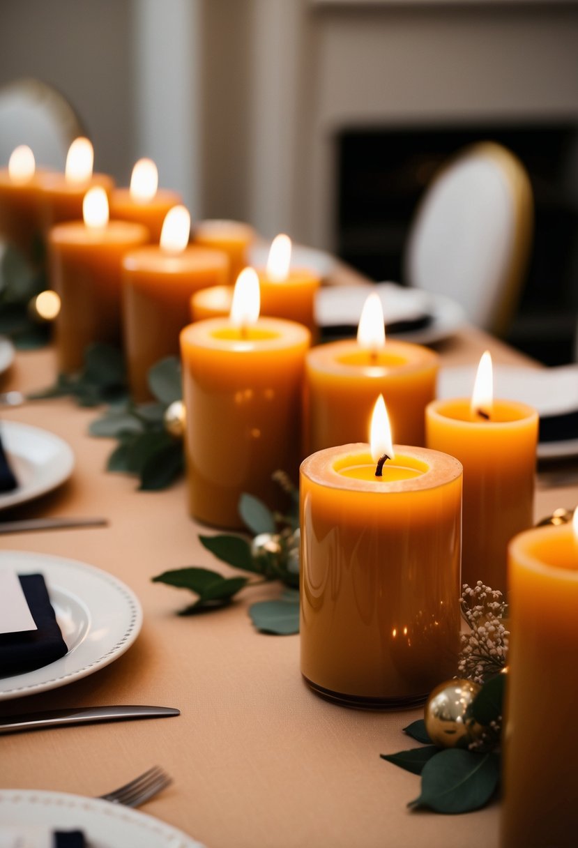 Cinnamon-colored candles adorn a beige wedding table, creating an elegant and warm ambiance