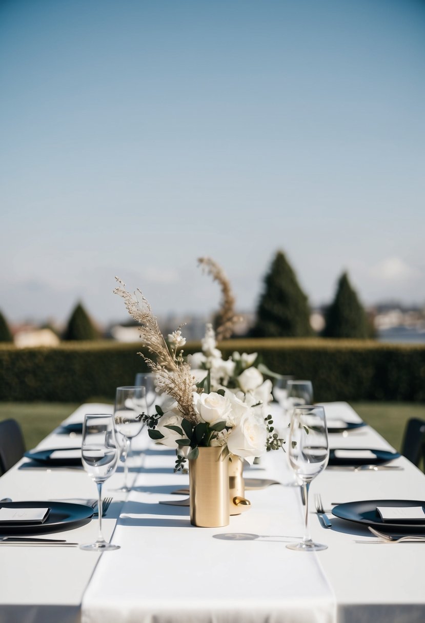 A sleek white table adorned with minimalist floral centerpieces and metallic accents