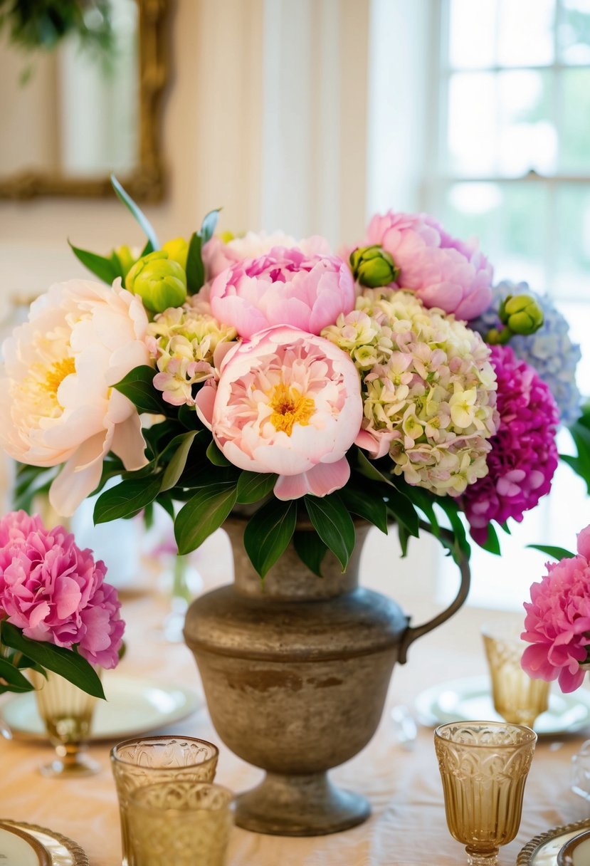 A vintage-inspired table display with lush peonies and hydrangeas in a mix of pastel and bold colors, arranged in a rustic vase or antique container