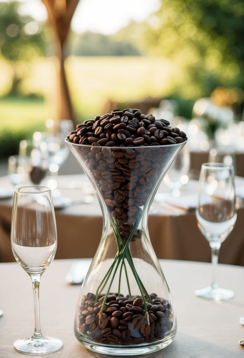 A clear glass vase filled with coffee beans, serving as a neutral and earthy wedding table decoration