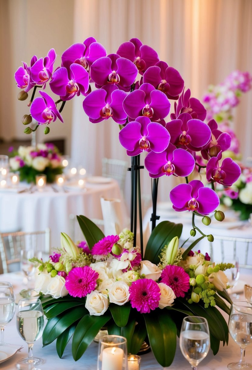 A lush arrangement of vibrant orchids and gomphrena flowers adorns a wedding table, creating a glamorous and romantic centerpiece