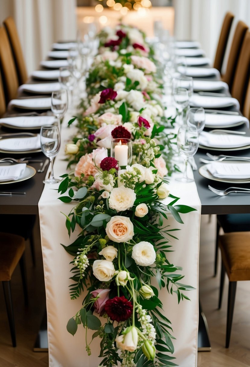 Lavish floral runners drape down a modern wedding table, creating an elegant and luxurious centerpiece