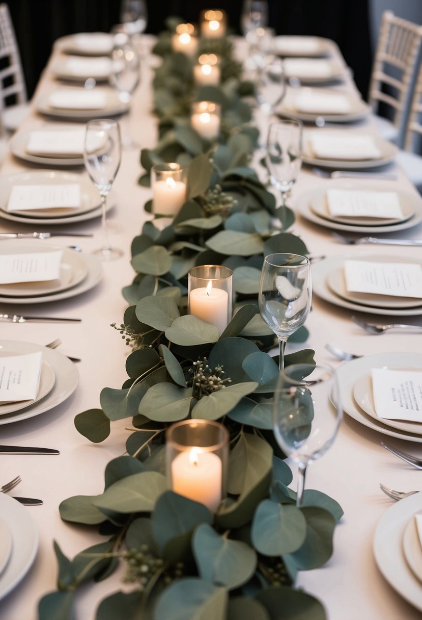 A table adorned with beige eucalyptus garlands, creating an elegant wedding centerpiece