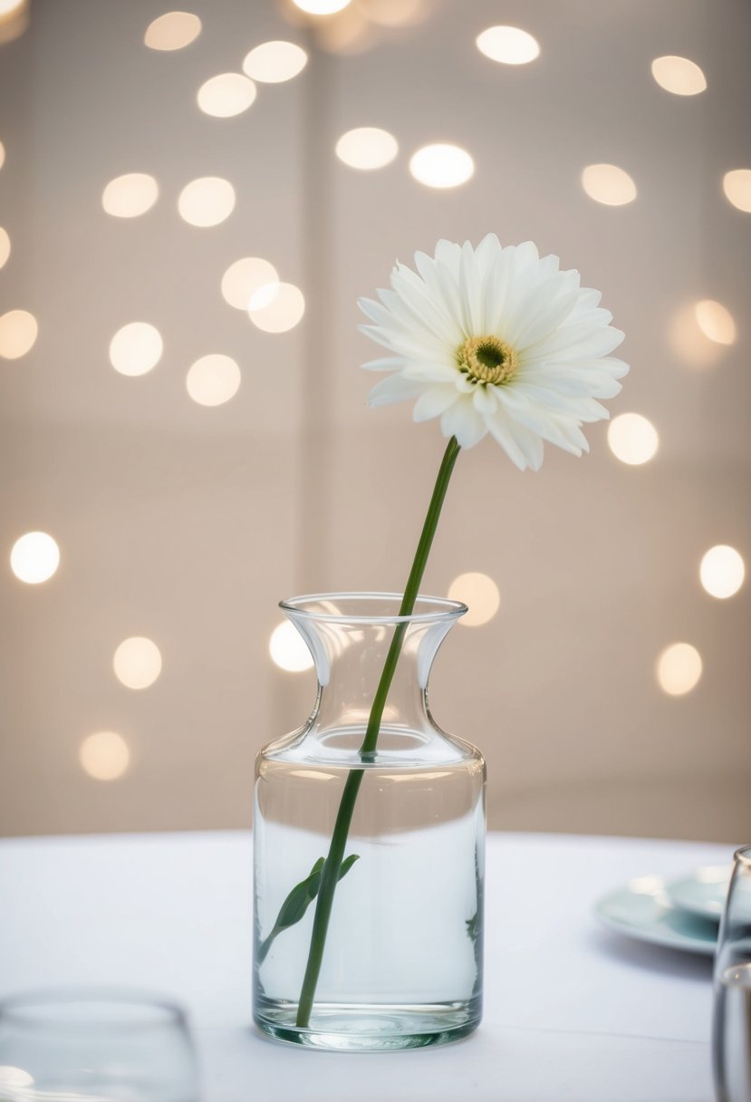 A clear glass vase holds a single bloom, serving as a minimalist wedding table decoration