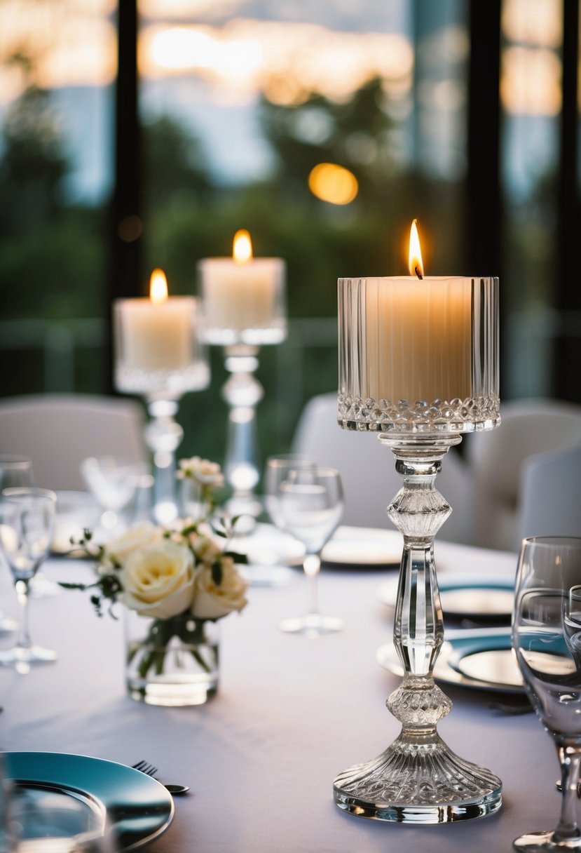 Elegant crystal candle holders on a modern wedding table