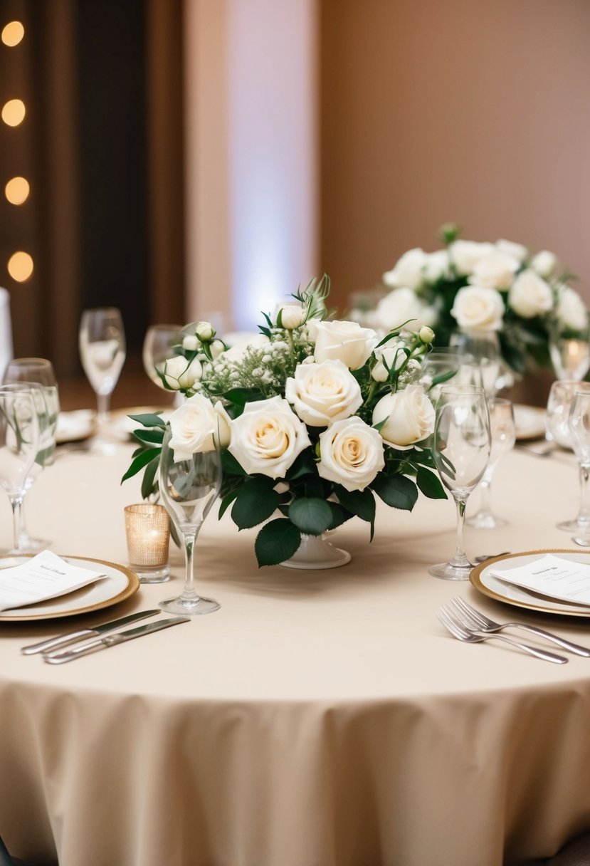 A beige table adorned with white rose centerpieces for a wedding