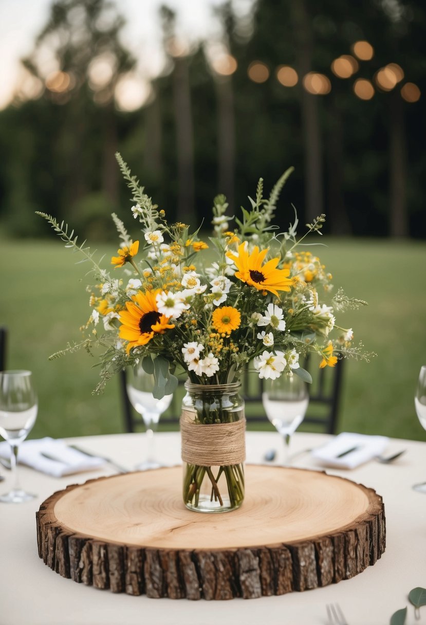 A rustic wood round adorned with wildflowers, serving as a wedding table centerpiece