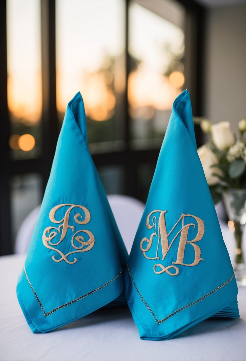 Silk napkins with embroidered initials arranged on a modern wedding table