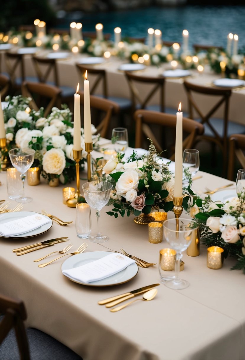 Beige tablecloth adorned with gold cutlery, candles, and floral centerpieces for a luxurious wedding setting